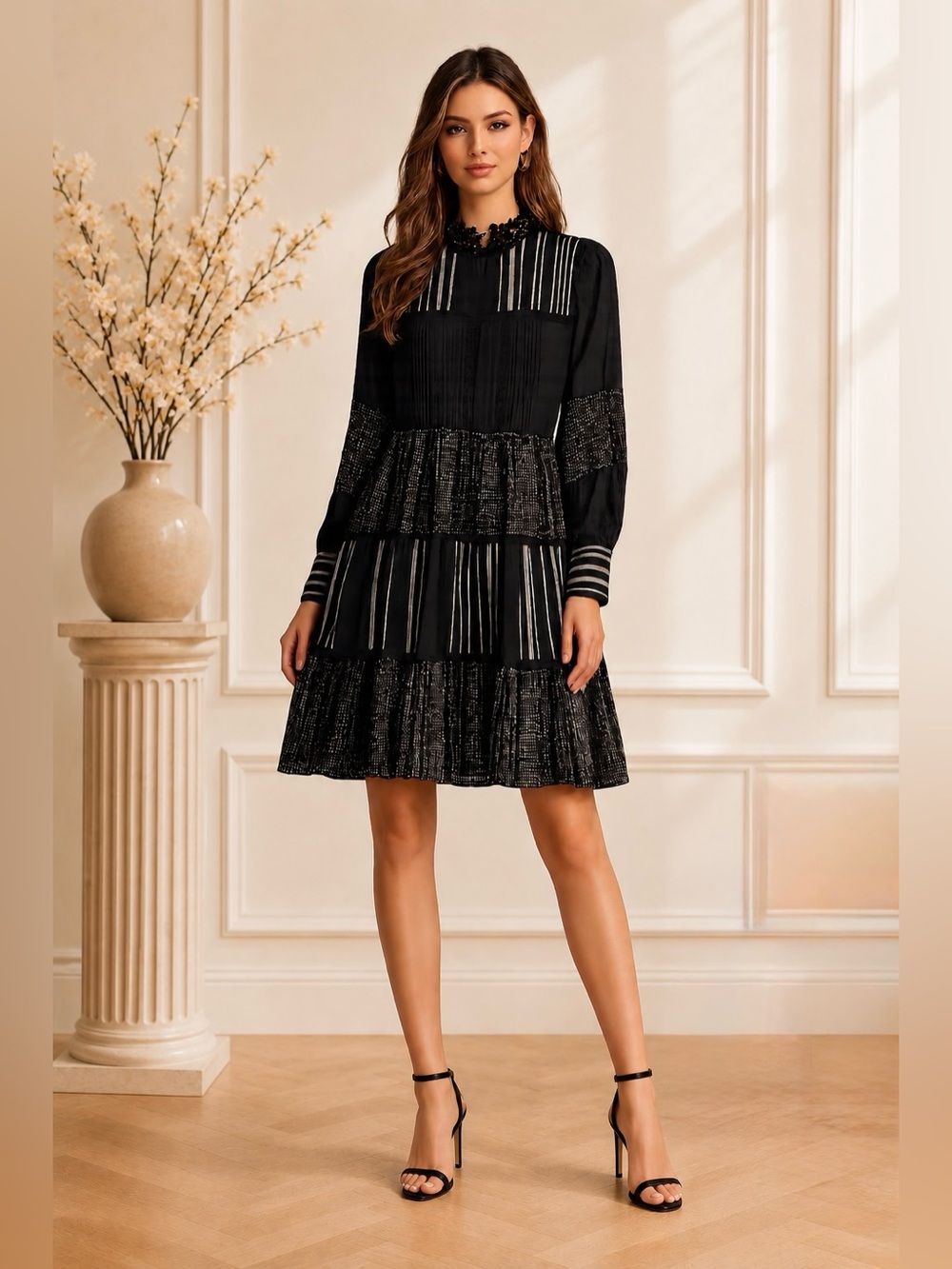 Zara - Black Tiered Long-Sleeve Dress
